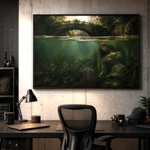 May include: A rectangular wall art print featuring a split-view scene of a stone bridge above water and a submerged, moss-covered classical statue resting on the riverbed, surrounded by aquatic plants and dark, murky green water.