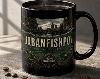 UrbanFishPOV Beneath the Surface Mug | Black Ceramic Coffee Cup | Moody Urban River Scene