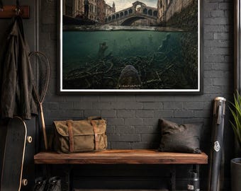 Silent Waters, Hidden Histories – Venice Rialto Bridge Split-Shot Poster, Over-Under Photography Print, UrbanFishPOV Wall Art