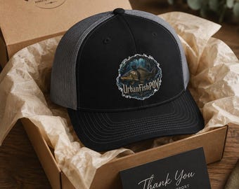 UrbanFishPOV Fishing Trucker Hat | Black Gray Mesh Snapback Cap | Outdoor Explorer Gift