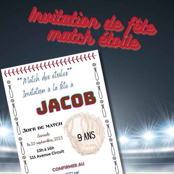 Invitation de fête baseball - match étoile - personalizé - 5x7 imprimable