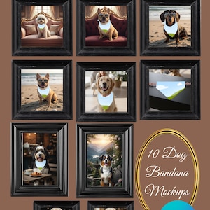 May include: A collection of ten framed dog bandana mockups. Each frame features a different dog breed wearing a bandana with a landscape design. The frames are black, and the overall theme is pet accessories.