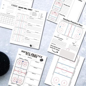 Pode incluir: Modelos de plano de prática de hóquei imprimíveis. Inclui um cartão de treinador, uma folha de exercícios e um plano de prática de hóquei com um diagrama de pista de gelo em branco.