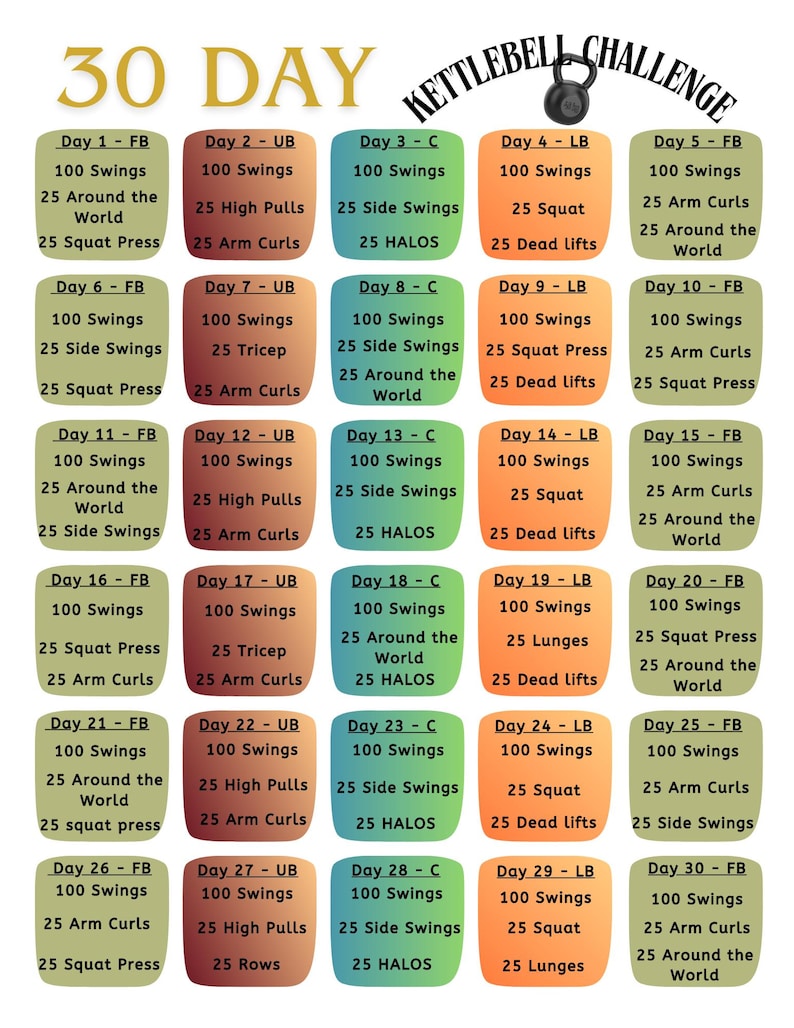 30-day Kettlebell Swing Challenge | Printable Workout Plan (digital