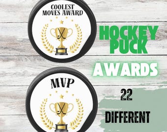 Pode incluir: Dois discos de hóquei com designs de prêmios diferentes. O disco superior tem um troféu dourado com tacos de hóquei e o texto "Coolest Moves Award". O disco inferior tem um troféu dourado com tacos de hóquei e o texto "MVP". Ambos os discos têm uma coroa de louro dourada em torno do troféu. O texto "Hockey Puck Awards" está em texto verde acima dos discos. O texto "22 Different Awards" está em texto branco abaixo dos discos.