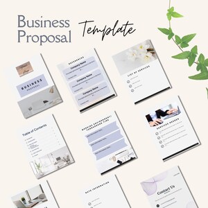 Op de afbeelding: Een sjabloon voor een zakelijk voorstel met secties voor referenties, diensten en contactgegevens. Het ontwerp maakt gebruik van een licht kleurenschema met lavendel accenten. De tekst bevat "Business Proposal Template".