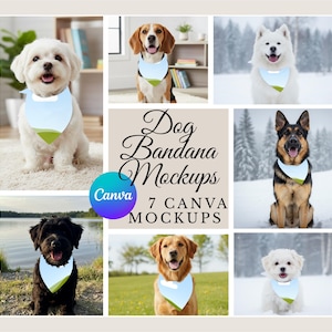 May include: Seven dog bandana mockups showcasing different dog breeds, each wearing a light blue bandana with a green landscape design. The image includes the text "Dog Bandana Mockups" and "7 Canva Mockups".