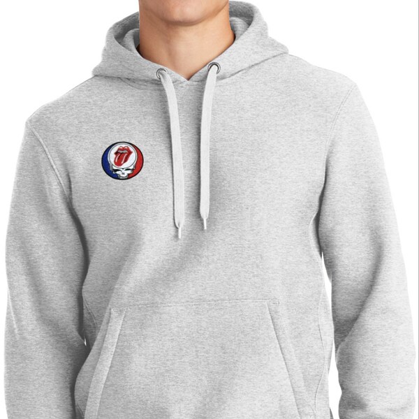 Rolling Stones Lips and Grateful Dead Stealie Super Heavyweight 12oz Cotton Hoodie with Dancing Bear on Back