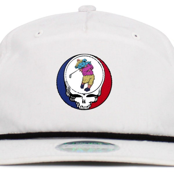 Dancing Bear Playing Golf and Grateful Dead Steal Your Face 5 Panel Hat with Brim Rope