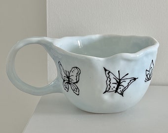 Handmade Ceramic Butterfly Mug. Hand Painted Coffee Mug. Coffee Cup. Tea Cup. Water Cup. Ceramic Mug. Drinkware. Handmade Mug.