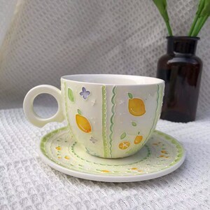 Handmade Ceramic Mug. Hand Painted Lemon Mug. Coffee Cup. Custom Mug. Water Cup. Drinkware. Coffee Mug and Saucer Set. Gifts for Her.
