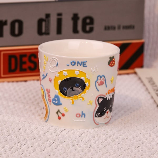 Handmade Ceramic Cat/Bear Mug. Hand Painted Animals Coffee Mug. Water Cup. Custom Mug Without Handle. Gifts for Her. Housewarming Gifts