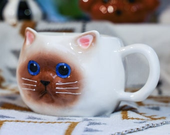 Handmade Ceramic Siamese/British Shorthair Mug. Hand Painted Cat Mug. Personalized Coffee Cup. Water Cup. Cat Lover. Housewarming Gifts.