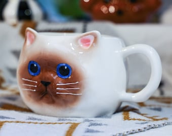 Handmade Ceramic Siamese/British Shorthair Mug. Hand Painted Cat Mug. Personalized Coffee Cup. Water Cup. Cat Lover. Housewarming Gifts.