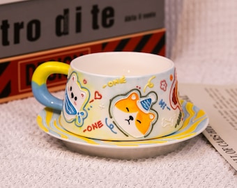 Handmade Ceramic Cartoon Mug. Hand Painted Animals Mug. Water Cup. Custom Mug With Handle. Gifts for Her. Coffee Mug and Saucer Set.