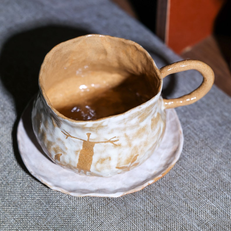 Handmade Ceramic Mug. Hand Painted Irregular Coffee Mug. Tea Cup. Pottery Mug With Handle. Drinkware. Gifts for Her. Mug and Saucer Set. image 9