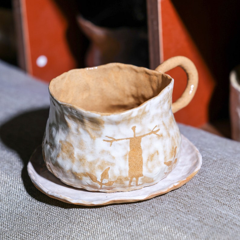 Handmade Ceramic Mug. Hand Painted Irregular Coffee Mug. Tea Cup. Pottery Mug With Handle. Drinkware. Gifts for Her. Mug and Saucer Set. image 3