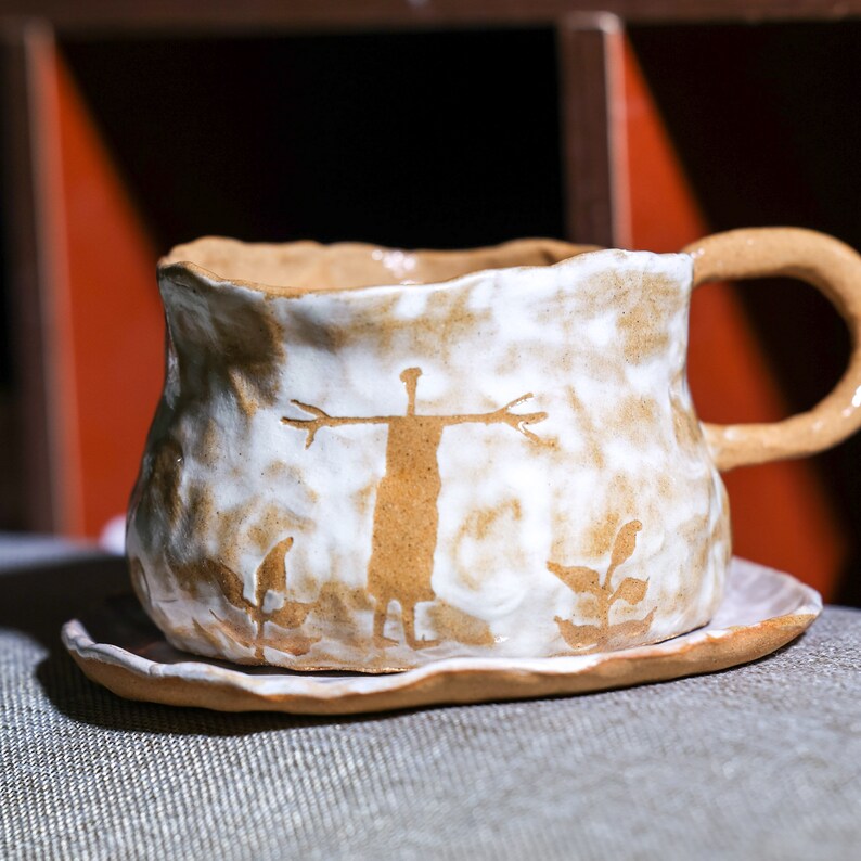 Handmade Ceramic Mug. Hand Painted Irregular Coffee Mug. Tea Cup. Pottery Mug With Handle. Drinkware. Gifts for Her. Mug and Saucer Set. image 8