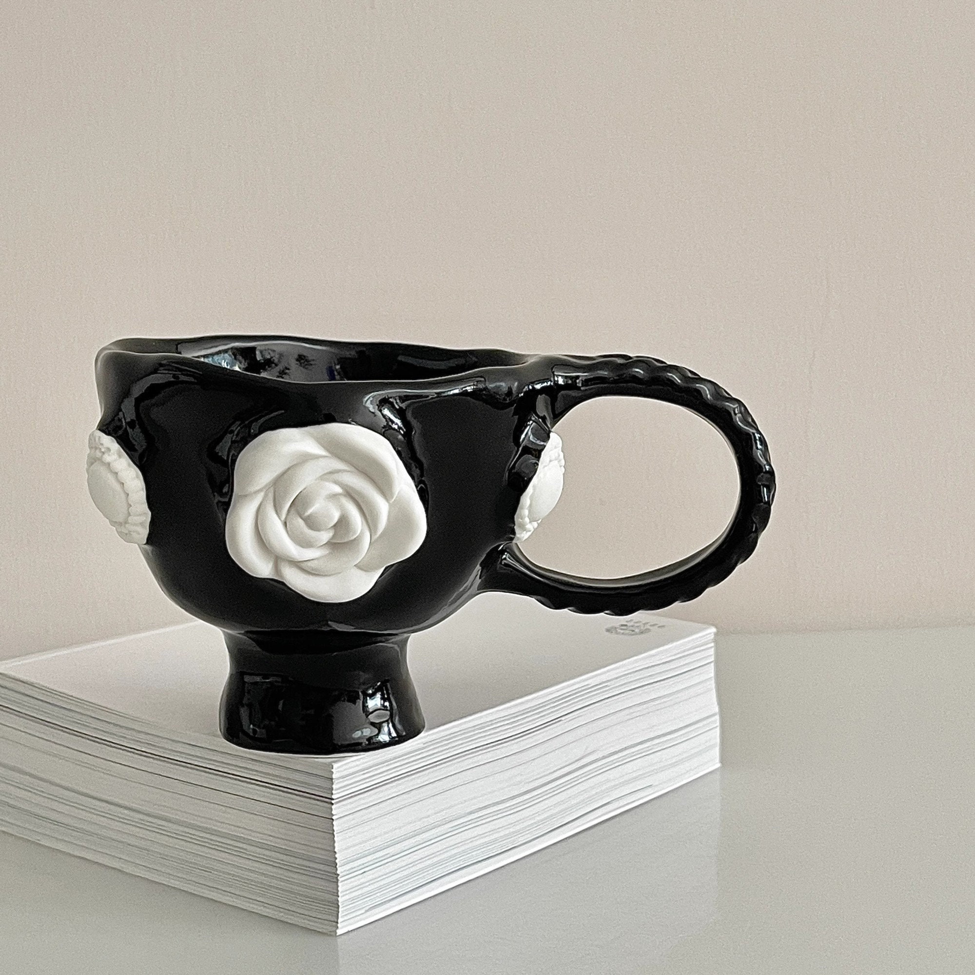 Handmade Camellia Ceramic Goblet. Embossed Flower Coffee Cup. 