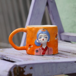 Handmade Ceramic Orange Mug. Hand Painted Chic Girls Coffee Mug. Tea Cup. Water Cup. Mug With Handle. Drinkware. Housewarming Gifts for Her.