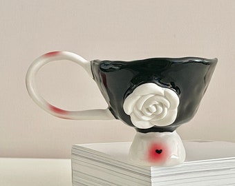 Camellia Handcrafted Ceramic mug, Black Glaze Coffee Mug, Gift for her, Coffee Lover, Housewarming Gift, Vintage Mug, Unique Mug