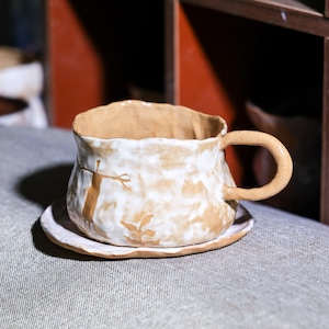 Handmade Ceramic Mug. Hand Painted Irregular Coffee Mug. Tea Cup. Pottery Mug With Handle. Drinkware. Gifts for Her. Mug and Saucer Set.