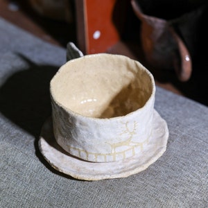 Handmade Ceramic Mug. Hand Painted Animal and Leaf Coffee Mug. Mug With Handle. Drinkware. Gifts for Her. Mug and Saucer Set. Pottery Mug. image 5