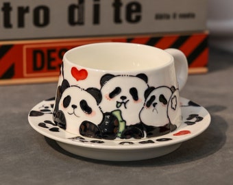 Tasse en céramique faite à la main. Tasse panda peinte à la main. Tasse d'eau. Verres. Ensemble tasse à café et soucoupe personnalisés. Cadeaux pour elle. Tasse personnalisée.