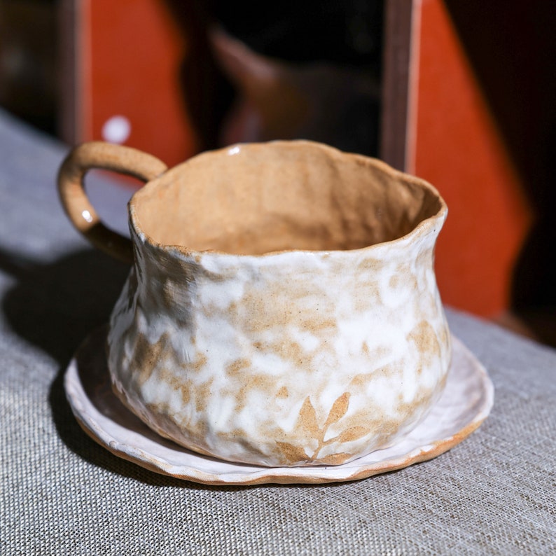 Handmade Ceramic Mug. Hand Painted Irregular Coffee Mug. Tea Cup. Pottery Mug With Handle. Drinkware. Gifts for Her. Mug and Saucer Set. image 4