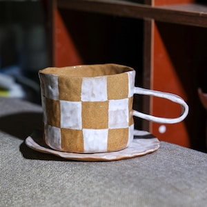 Handmade Ceramic Checkered Mug. Hand Painted Chessboard Coffee Mug. Tea Cup. Mug With Handle. Drinkware. Gifts for Her. Mug and Saucer Set.