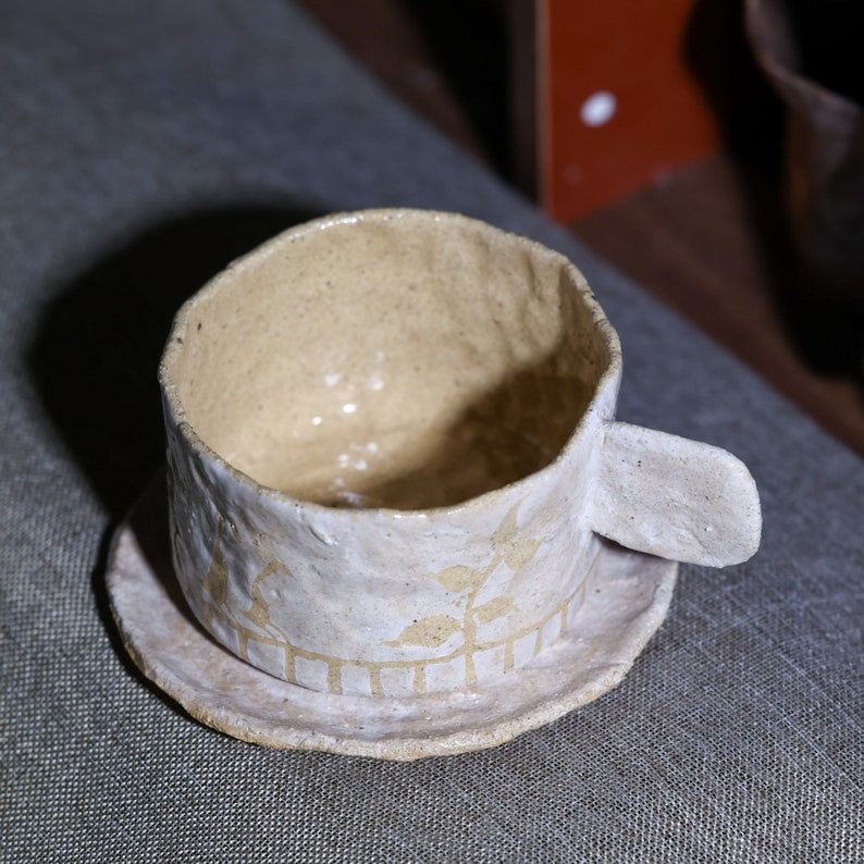 Handmade Ceramic Mug. Hand Painted Animal and Leaf Coffee Mug. Mug With Handle. Drinkware. Gifts for Her. Mug and Saucer Set. Pottery Mug. image 8