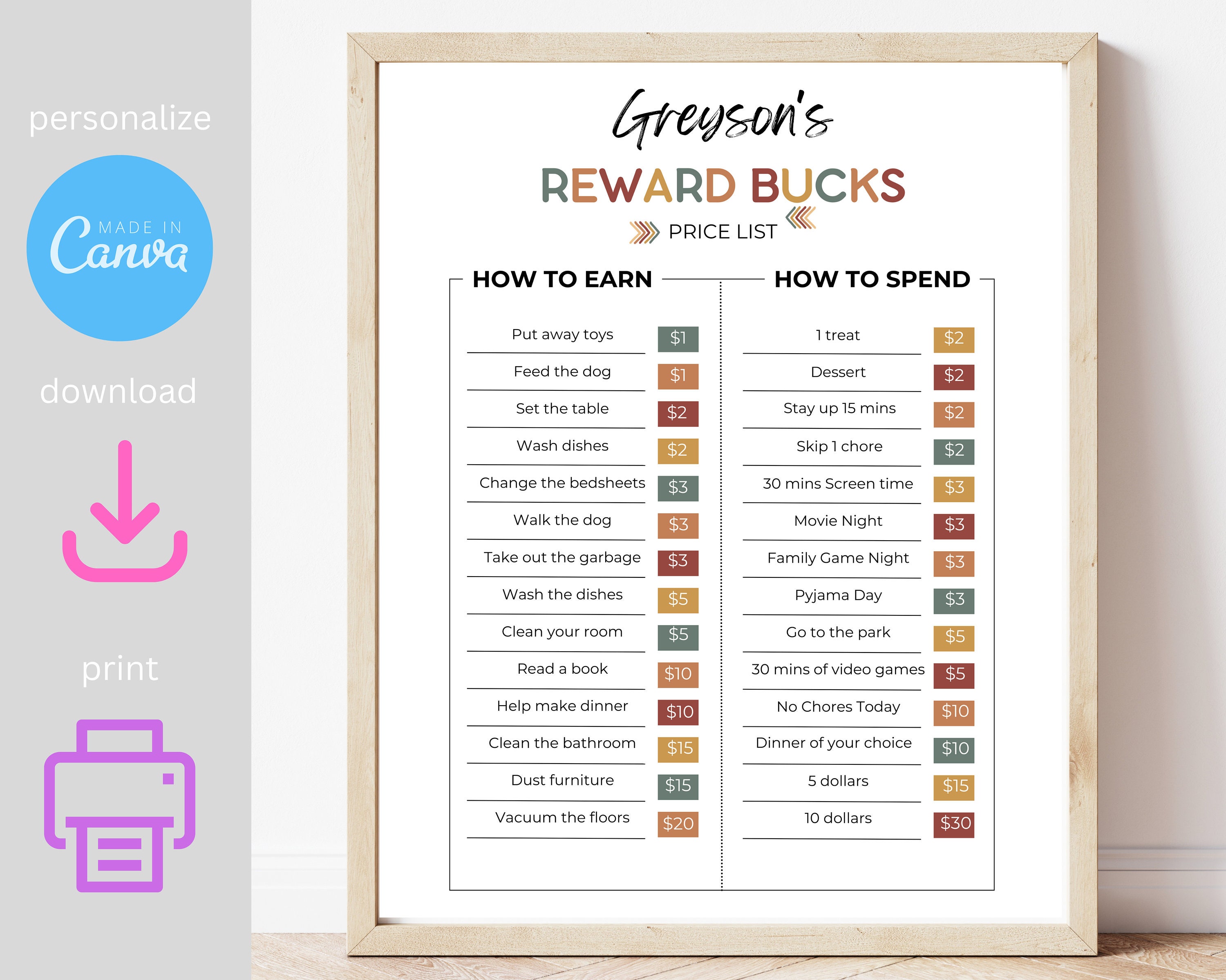 Kids reward chart, kids reward bucks, kids chore chart, kids chores, kids chore planner, kids chore chart rewards, kids chore template
