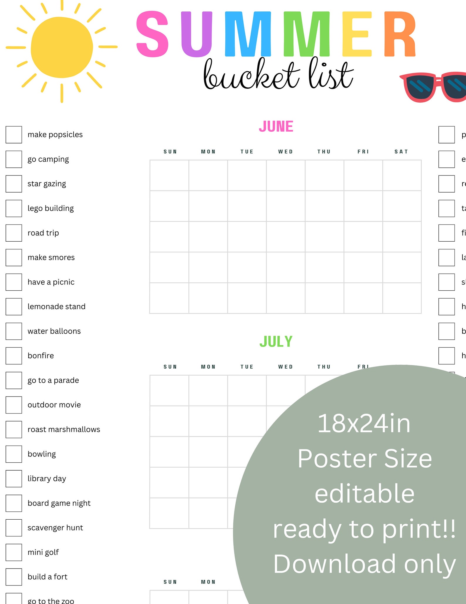 Printable Summer to Do List, Summer Activities Calendar, Summer Bucket ...