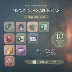 May include: A digital collection of 10 MS Windows app icons featuring muted earth tones and botanical leaf accents. The set includes various square icons with rounded corners, text reading MS WINDOWS APP ICONS, ADD-ON PACK, and FOR WINDOWS.