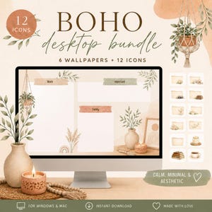 Könnte beinhalten: Ein digitales Desktop-Paket mit 12 Symbolen und 6 Hintergrundbildern in einer neutralen Farbpalette. Das Display zeigt einen Computermonitor mit einem Desktop-Organizer-Hintergrund, einschließlich Beschriftungen für Work, Important und Family sowie dekorativen Pflanzen- und Kerzengrafiken.