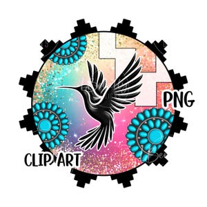 May include: A black hummingbird graphic with outstretched wings is centered on a colorful background with turquoise accents. The design includes the text "CLIP ART" and "PNG" in black, set within a black gear-like border. The background has a glittery effect.