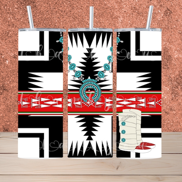 Aztec black white pattern background 20oz tumbler wrap PNG, sublimation, Native American, Indigenous, Navajo rug design, turquoise sash belt