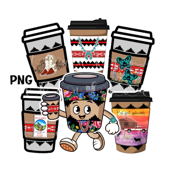 Navajo design Cartoon coffee cup gohweeh PNG digital Sublimation, Indigenous, Native American, clipart, blue bird flour, moccasins turquoise