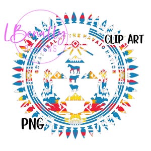 May include: A circular graphic of the Seal of the Navajo Nation, featuring a central design with horses, mountains, and sun rays. The design is in red, blue, yellow, and white. The words "CLIP ART" and "PNG" are visible.