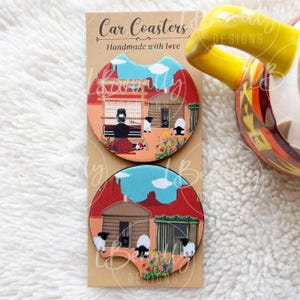 Car coaster set, Native American, Indigenous, gift, aesthetic, decor, Navajo weaving loom, Navajo hogan sheep