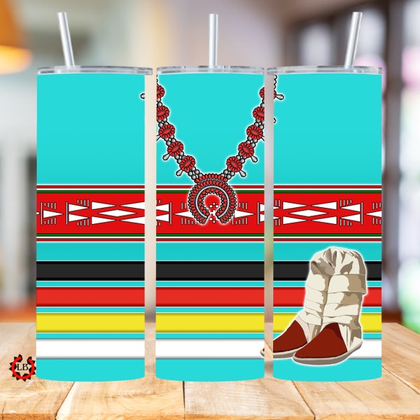 Ribbon skirt 20oz skinny tumbler wrap, sublimation, Dine Navajo, Native American, Indigenous, sash belt, turquoise, coral squash blossom