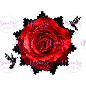 May include: A red rose with a black geometric pattern around it. Two black hummingbirds are on either side of the rose.