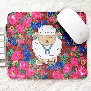 Mouse pad, Masani scarf, cute sheep, Native American, Indigenous, squash blossom, gift, home office decor, aesthetic