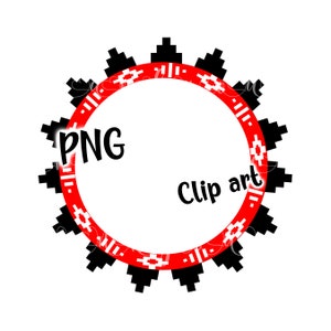 May include: A circular design with a red and white patterned border, surrounded by black geometric shapes. The words "PNG" and "Clip art" are written in black within the circle, set against a white background.