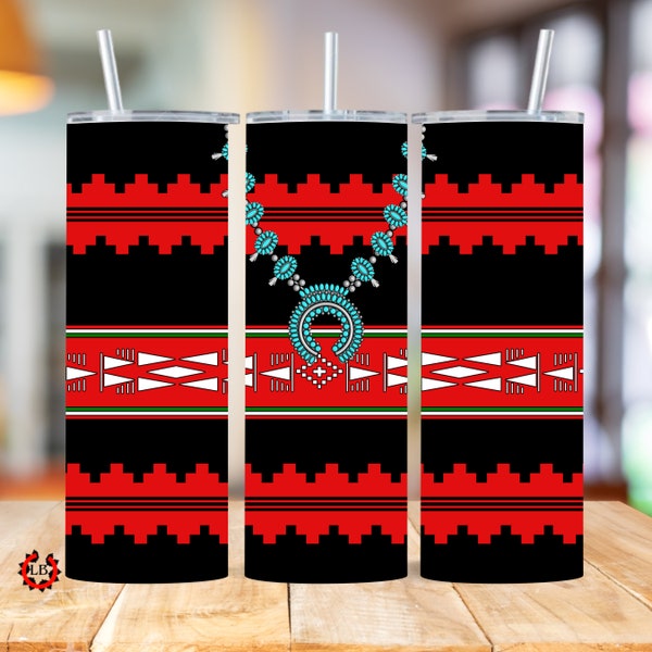 Navajo rug dress 20oz skinny tumbler wrap, red black turquoise, sash belt squash blossom, background, sublimation, digital, Native American