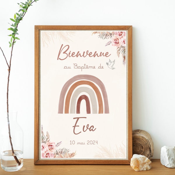 Affiche de Baptême Bienvenue personnalisée - arc en ciel, fleur, bohème