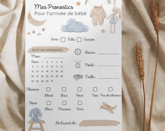 carte jeu de pronostic bébé à imprimer pour naissance, baby shower et gender reveal