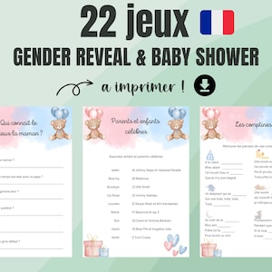 Printable gender reveal games - pink and blue theme - Pack of 15 gender reveal party games, baby shower, birth party entertainment in French