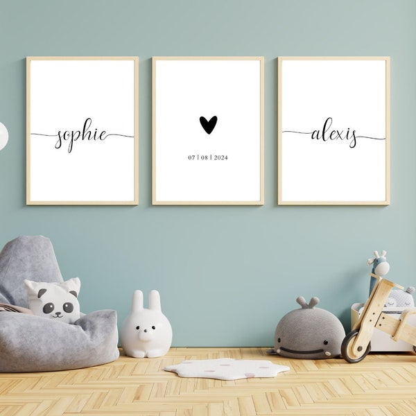 Lot de 3 affiches triptyque amour prénoms - cadeaux couple avec prénoms et coeur