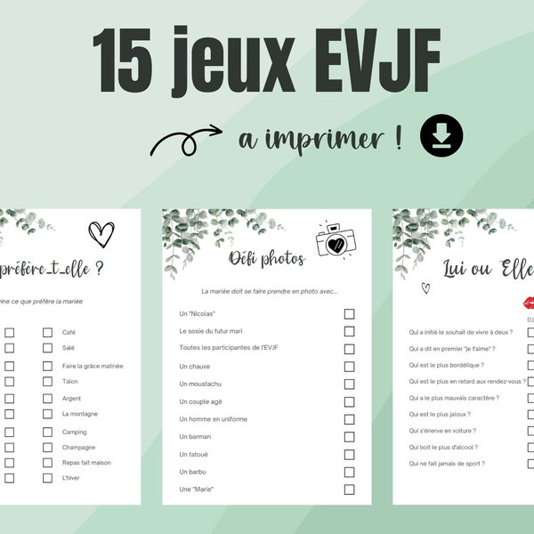 Jeux EVJF à imprimer - Pack de 15 jeux enterrement vie de jeune fille, jeux future mariée, animation evjf mariage